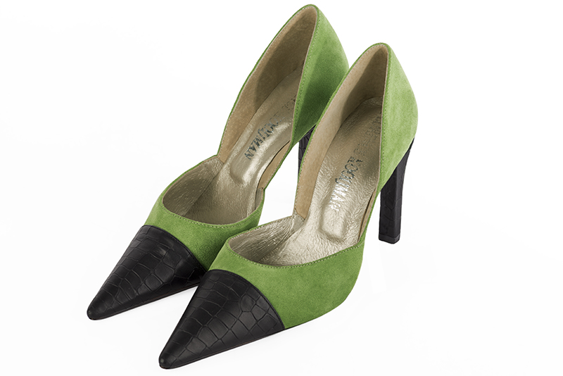Satin black and grass green women's open arch dress pumps. Pointed toe. Very high slim heel. Front view - Florence KOOIJMAN